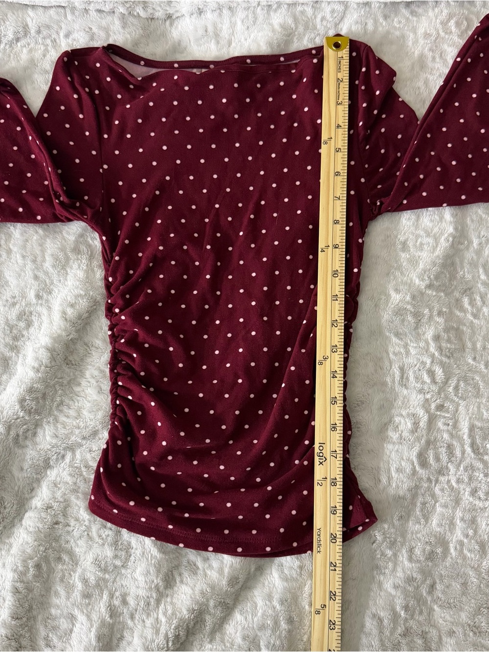 Vine and Valley Burgundy Shirt With Light Pink Polka Dots And Side Ruffles